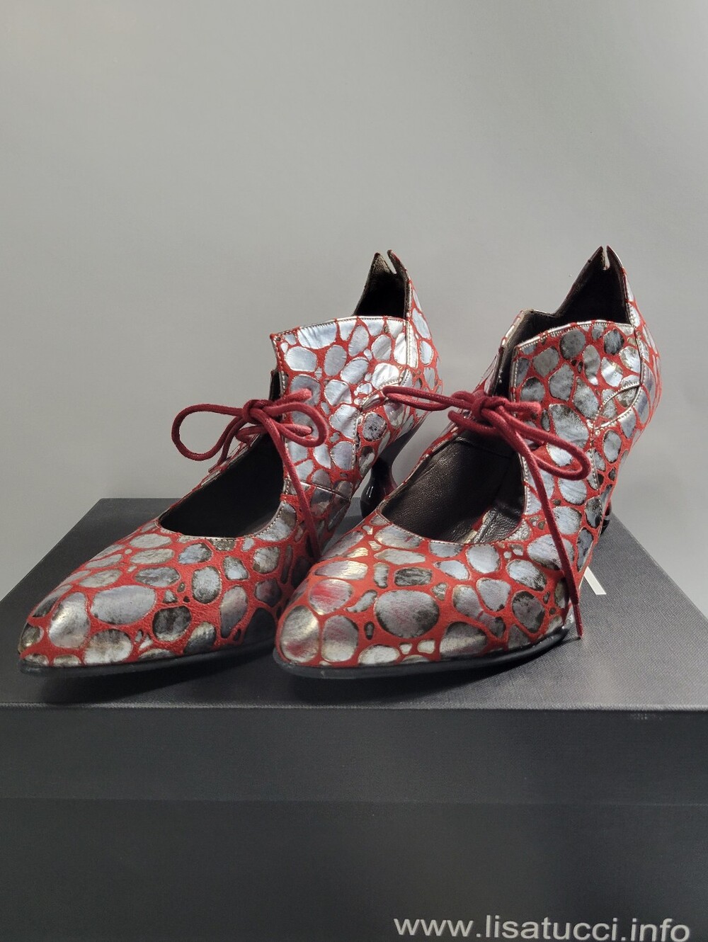 Lisa Tucci Red & Silver Metallic Pattern Lace-Up Statement Heels - Size 39